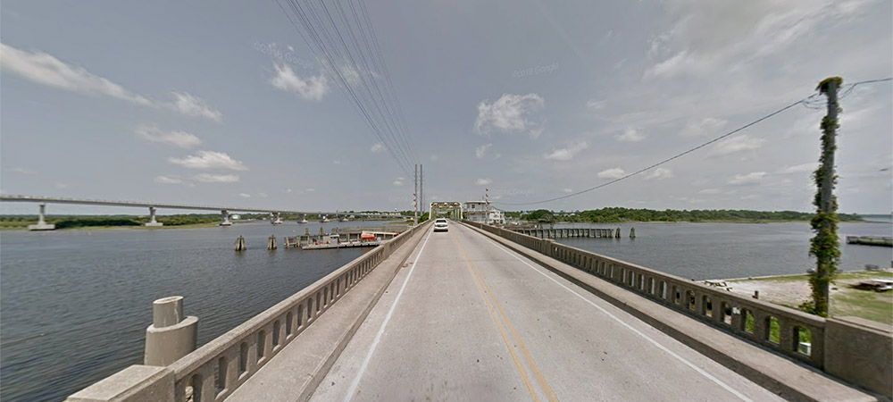 View of the now demoloished Surf City Swing Bridge as photographed by Google (and made available through Google Maps) in Surf City, NC.