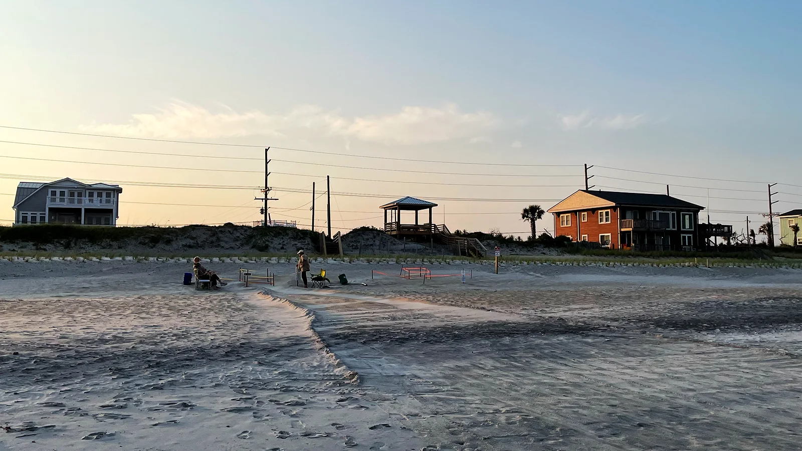 A sea turtle nest screened and staked with Do Not Disturb and No Lights signs, prepared by volunteers ahead of hatching, Surf City.