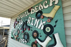 Exterior signage of Topsail Beach Skating Rink; October 2023