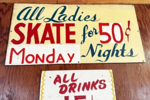 Historic signage and decorations inside Topsail Beach Skating Rink; October 2023
