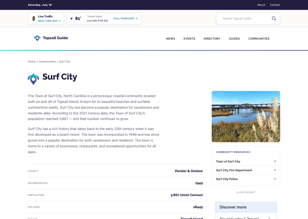 The Topsail Guide Surf City community page with a town overview, quick facts, and links to local resources.