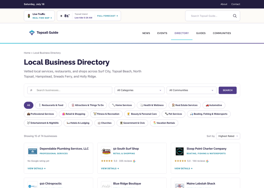 The Topsail Guide local business directory, with category filters and vetted listings for businesses across Surf City, Topsail Beach, Hampstead, and nearby towns.