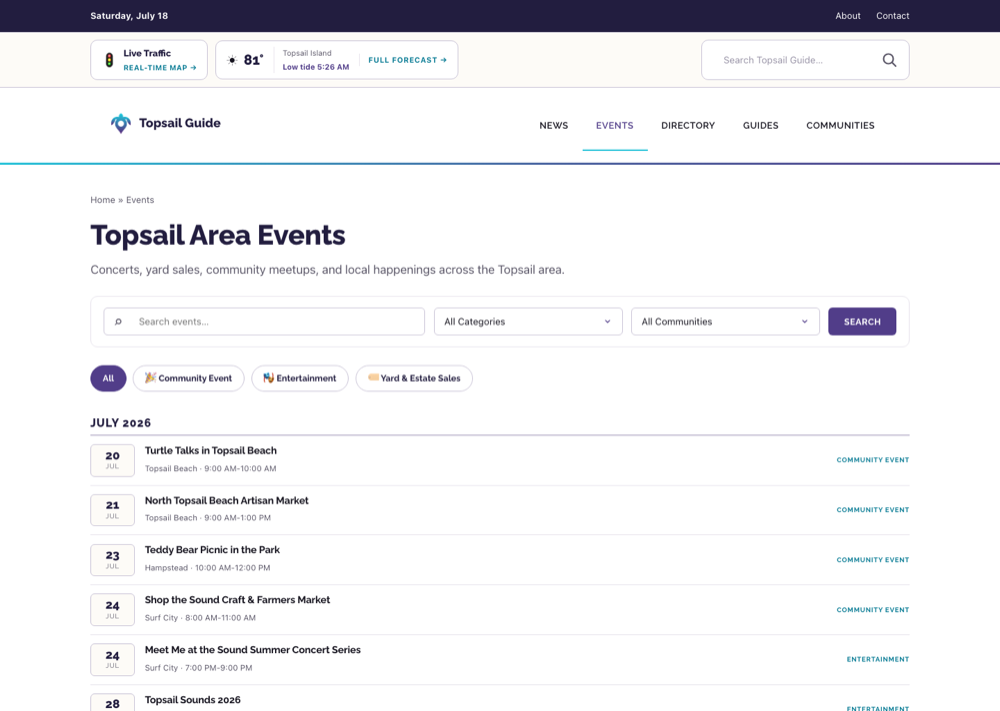 The Topsail Guide events page listing upcoming Topsail-area community events, markets, and concerts.