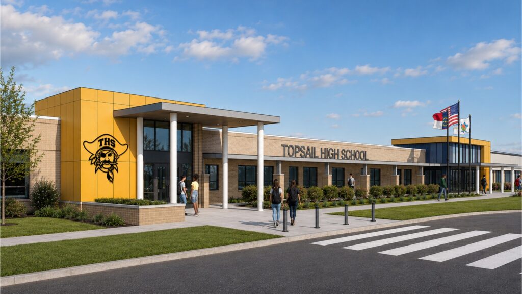 Architectural rendering of a renovated school entrance lettered Topsail High School, with a gold entry tower and the THS pirate logo.