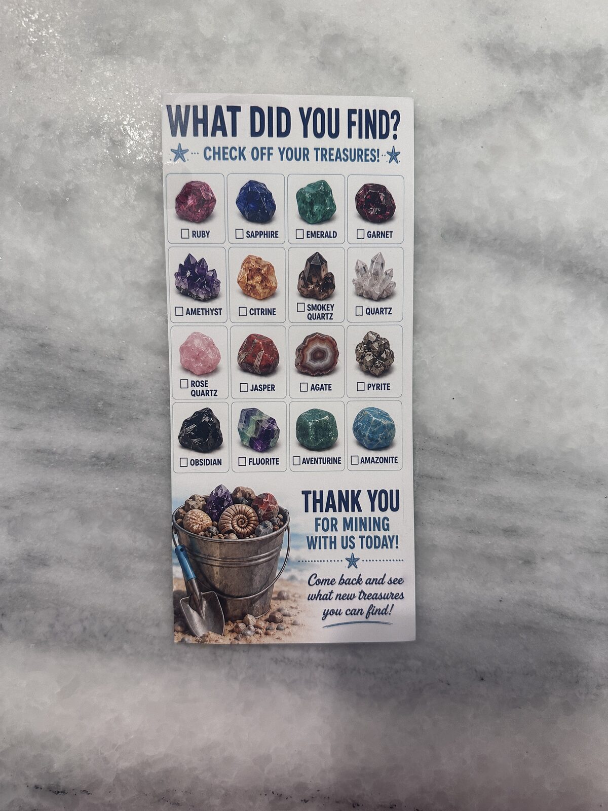 A printed card reading What Did You Find, with sixteen photographed minerals and a check box beside each one