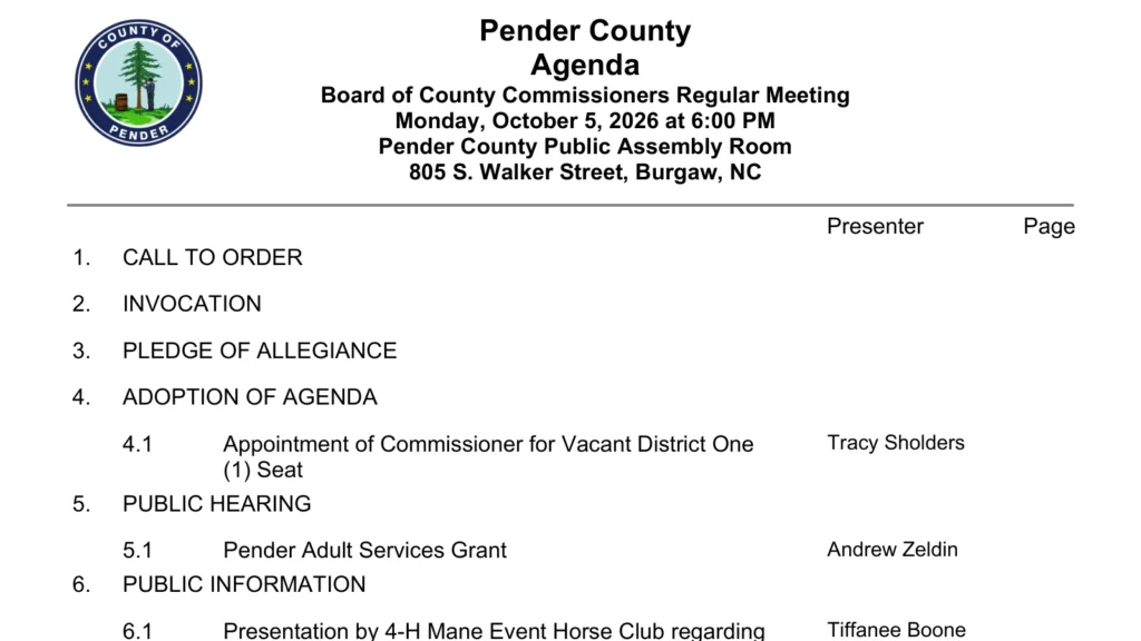 Pender Commissioners Take Up Vacant District 1 Seat Again Oct 5